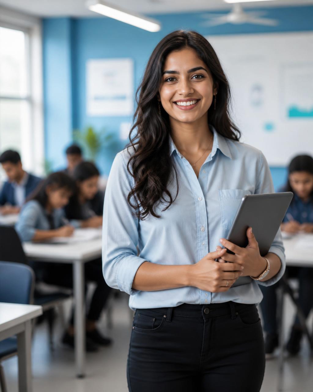 Educator using Class CRM on a tablet in a modern classroom